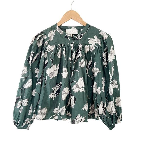THE GREAT. Green Tale Floral Vintage Inspired Smocked Blouse - Picture 2 of 11